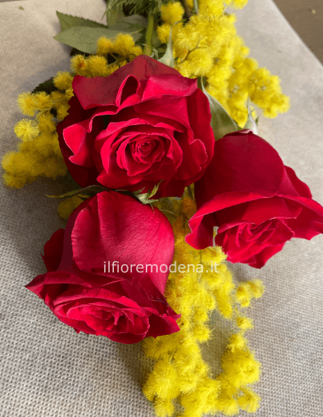 mazzo 3 rose rosse e mimosa